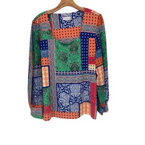 Calvin Klein Womens top shirt size  XL Patchwork  Long Sleeve Blouse square neck